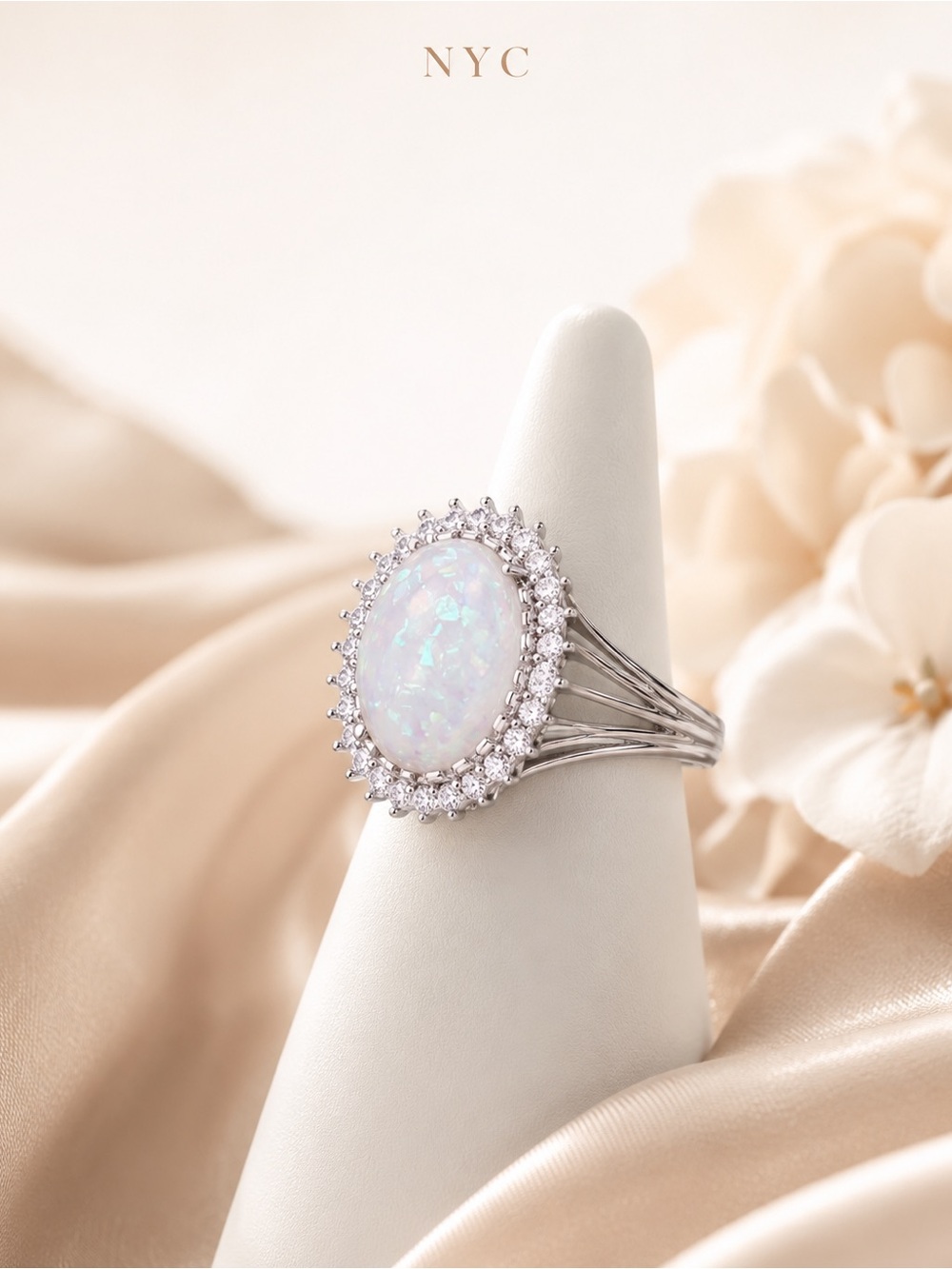 NYC White Opal Halo Ring with Silver Band size 10